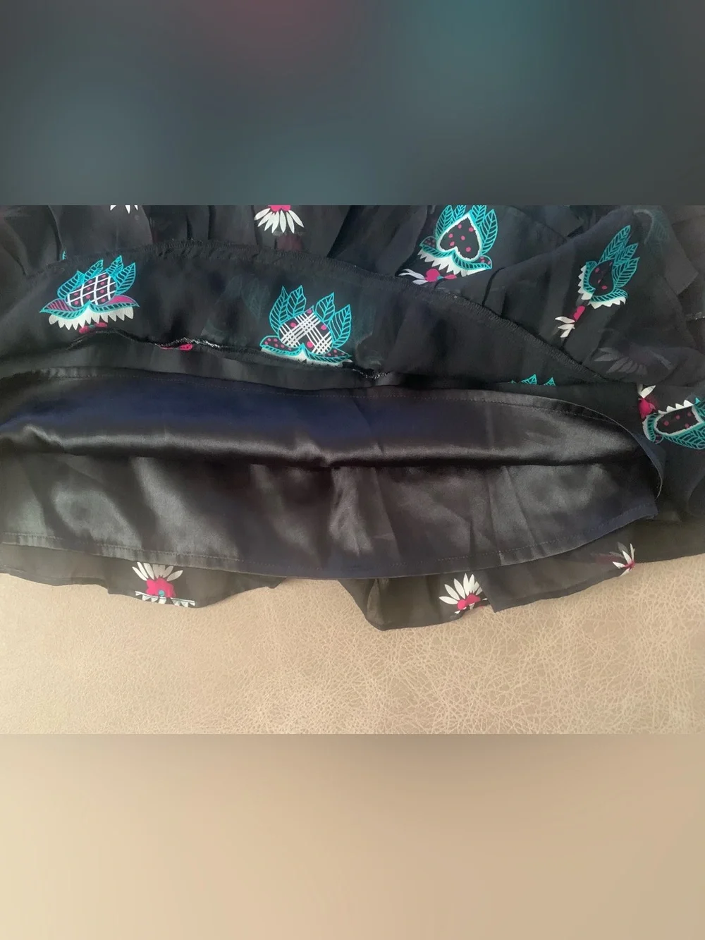 Vtg Y2K Celia Birtwell Express Black Heart Floral Silk Tiered Mini Skirt Size 2